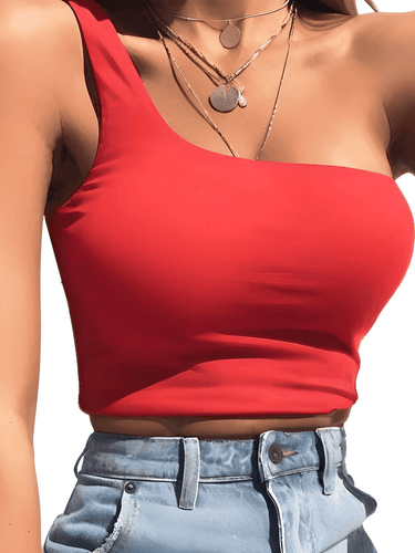 Women's One Shoulder Crop Top -, Crop Top , Drestiny , Australia, Black, Canada, Casual Shirts, Crop Tops, Gender_Women, Green, L, M, New Zealand, One Shoulder, Orange, Pink, Red, S, Sleeveless, United Kingdom, United States, White, XL , Drestiny , www.shopdrestiny.com